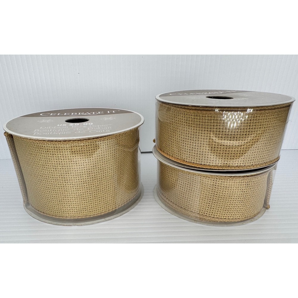 Celebrate It Wired Edge Burlap Ribbon Lot 3 Spools Natural Tan 75ft Total DIY